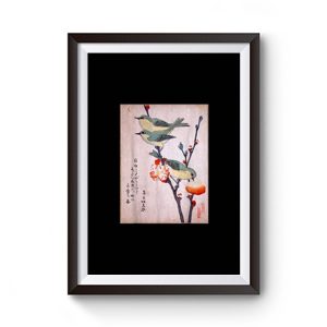Japanese Art Birds on Peach Tree Blossom Japanese Woodblock Premium Matte Poster