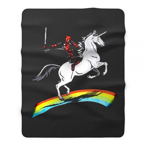 Deadpool Riding a Unicorn on a Rainbow Fleece Blanket