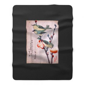 Japanese Art Birds on Peach Tree Blossom Japanese Woodblock Fleece Blanket