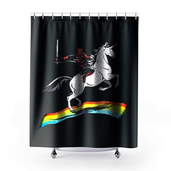 Deadpool Riding a Unicorn on a Rainbow Shower Curtains