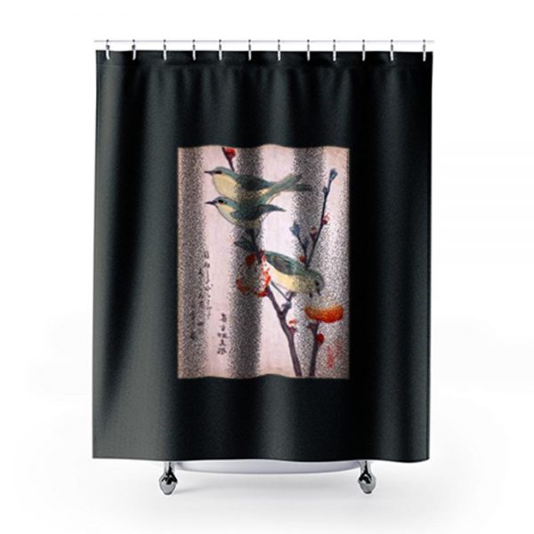 Japanese Art Birds on Peach Tree Blossom Japanese Woodblock Shower Curtains