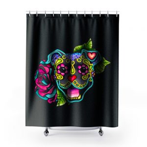 Smiling Pit Bull in Blue Day of the Dead Pitbull Sugar Skull Shower Curtains