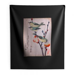 Japanese Art Birds on Peach Tree Blossom Japanese Woodblock Indoor Wall Tapestry