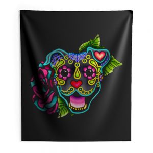 Smiling Pit Bull in Blue Day of the Dead Pitbull Sugar Skull Indoor Wall Tapestry